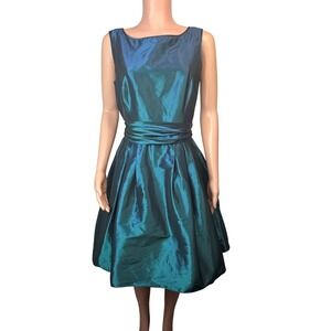 VTG Y2K Flores & Flores Iridescent Teal Taffeta Bow Fit Flare Party Dress Medium
